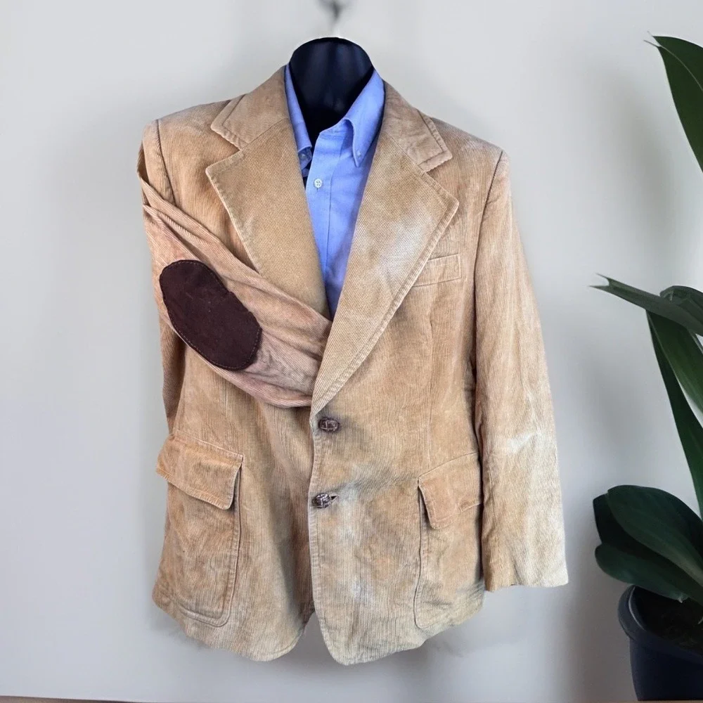 Vintage Blazer Sport Coat‎ 46R* Jacket Tan Corduroy Elbow Patches Distressed
